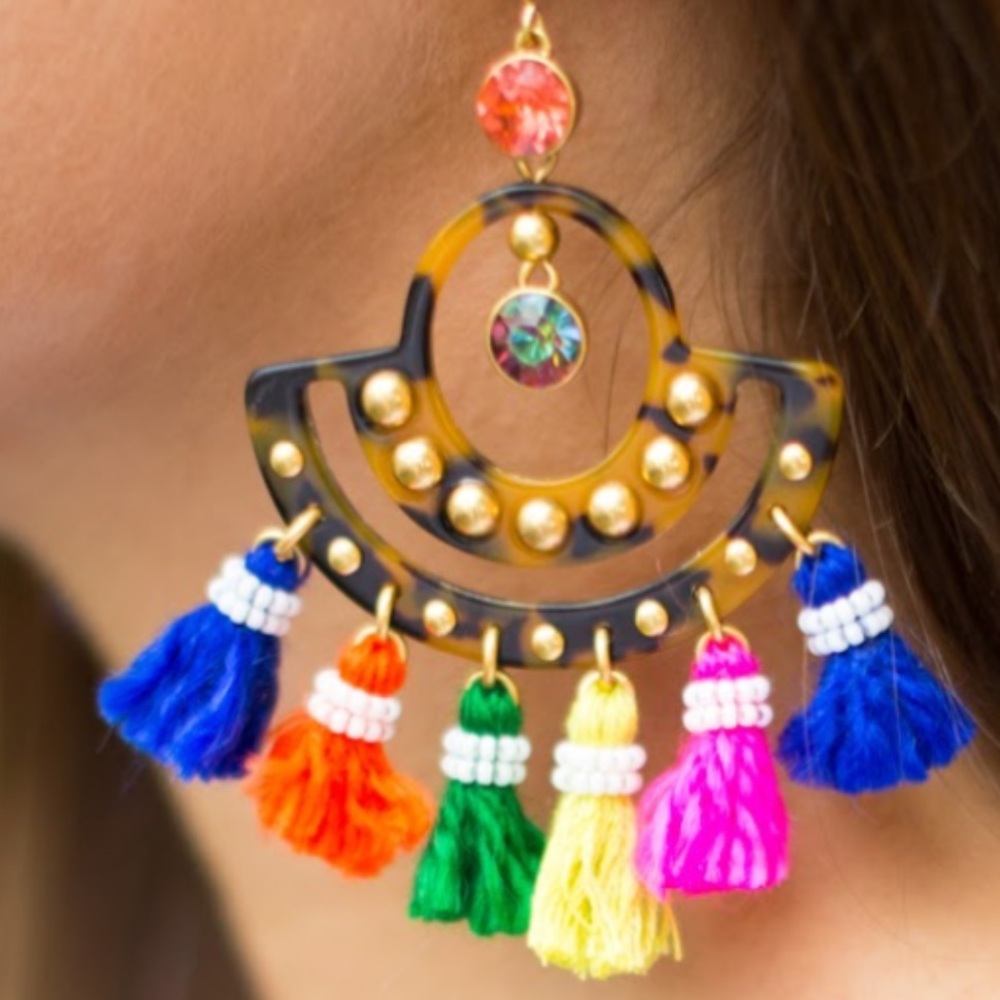 J Crew Fiesta Tortoise Tassel Chandelier Statement Earrings
